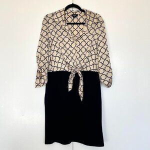 Black & cream silk satin tie geometric pattern button up pencil dress | Size M